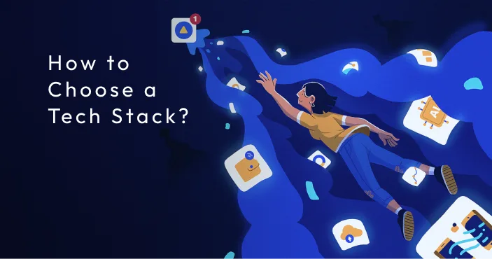 Title card: 'How to Choose a Tech Stack?' — a person falling through a swirl of application icons.