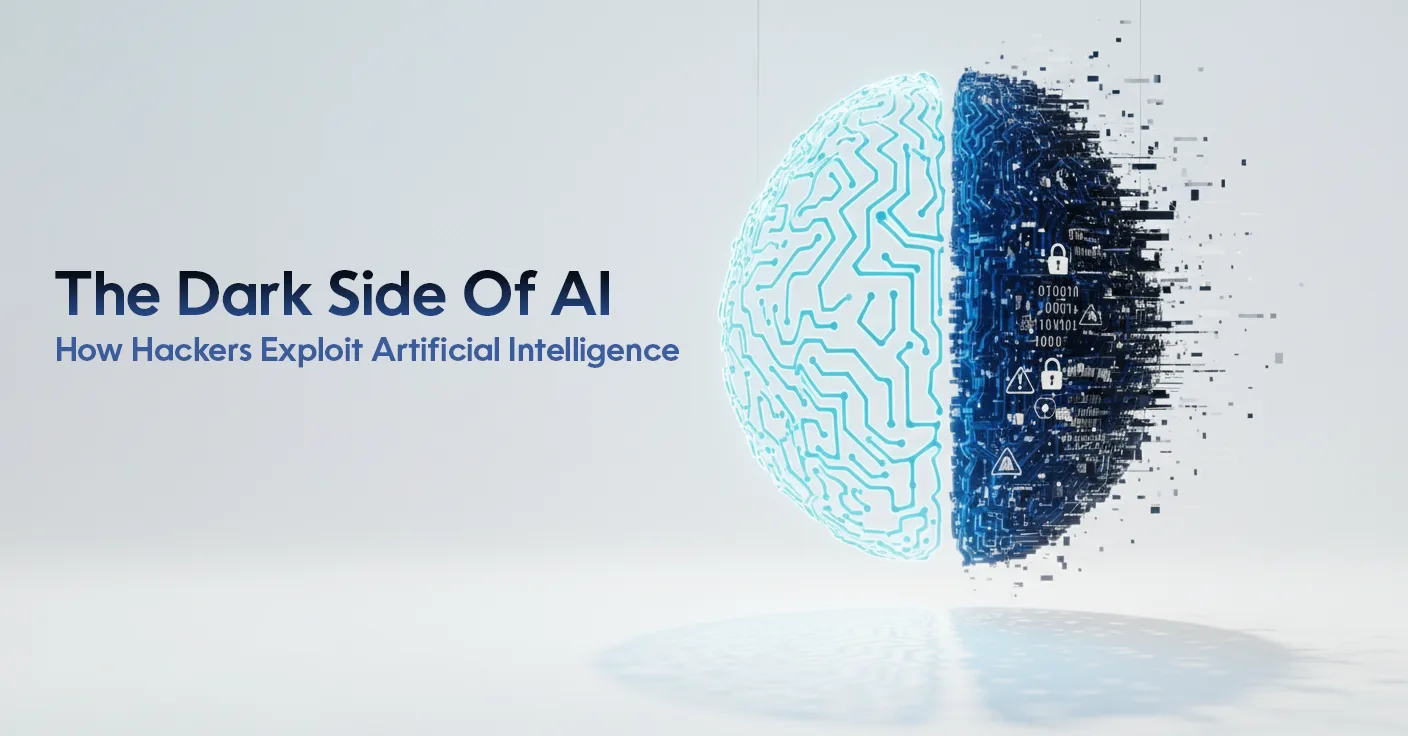Title card: 'The Dark Side Of AI — How Hackers Exploit Artificial Intelligence' — a brain split in two, one half drawn as clean circuitry, the other dissolving into pixels, padlocks and warning symbols.
